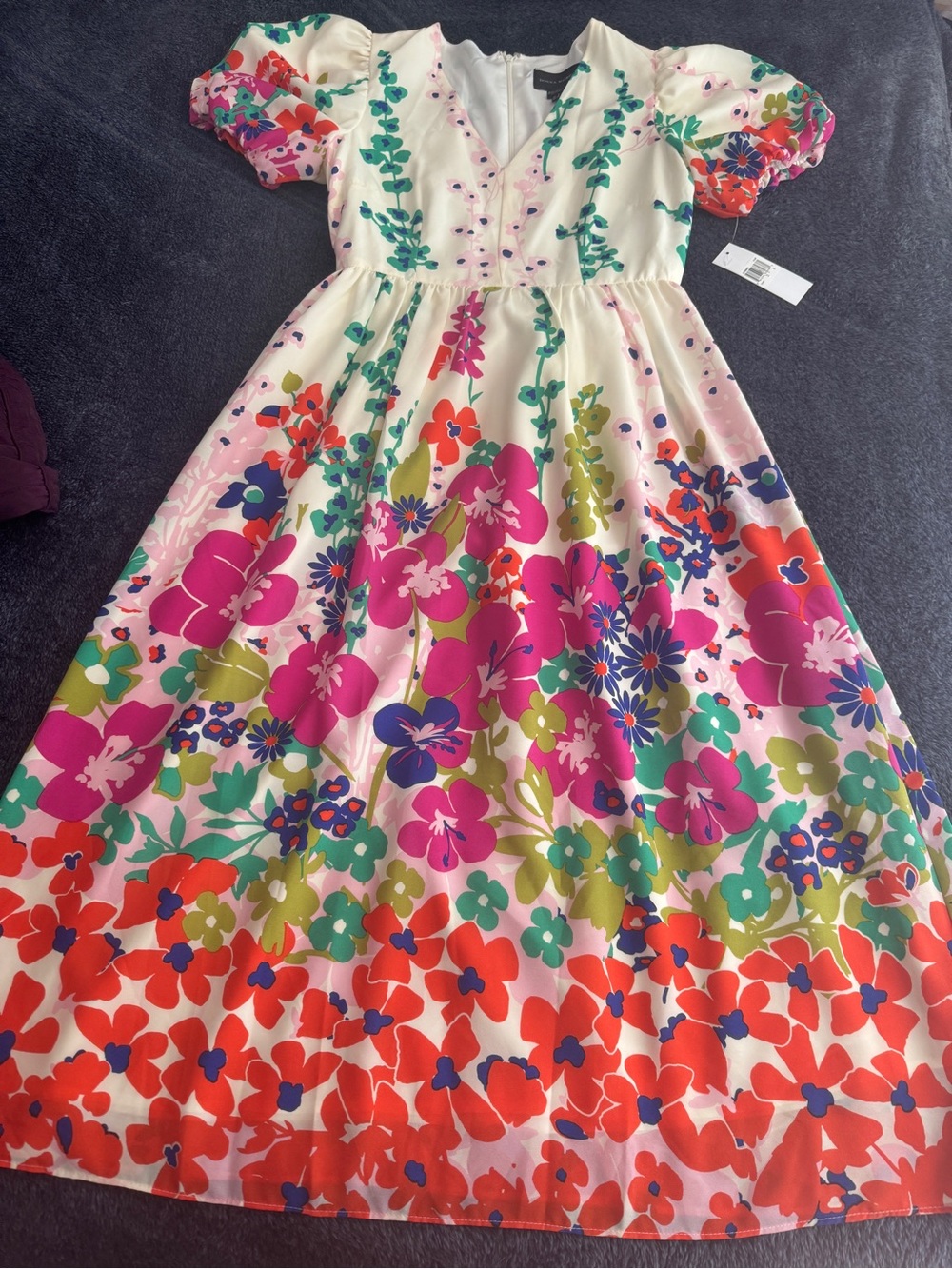 Donna Morgan Cream Floral Puff-Sleeve Maxi Dress with Pink, Red & Green Accents